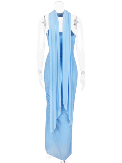 Strapless Corset And Mesh Maxi Skirt And Neck Scarf Party 3 Piece Co-ord Set For Women 2026