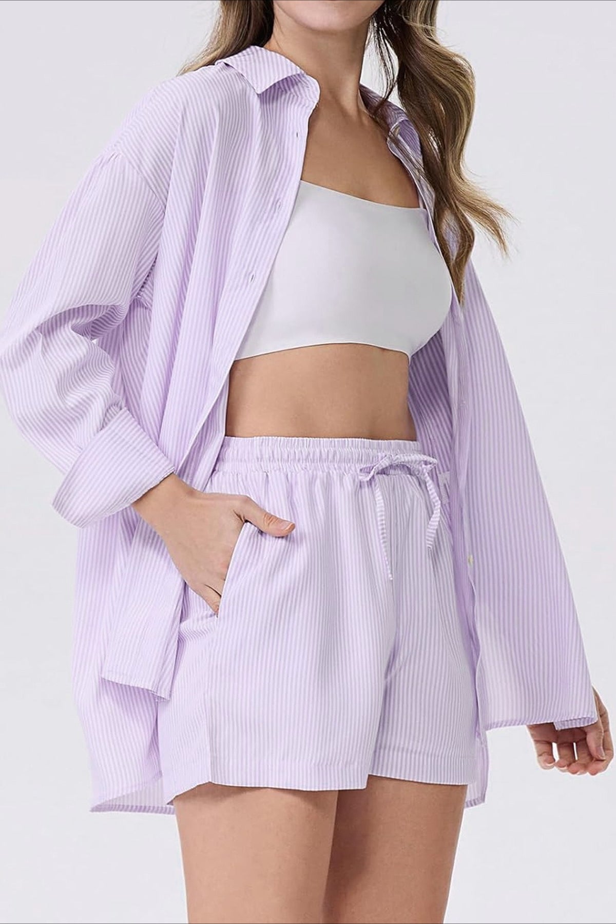 Striped Lapel Long Sleeve Blouse Shorts Set