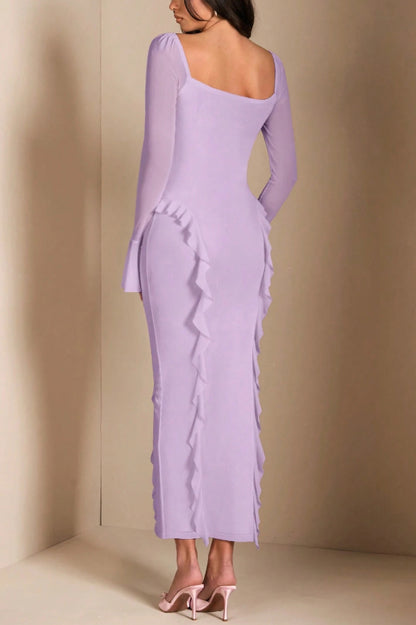 Solid Color Long-sleeved Ruffled Slim-fit Maxi Dress