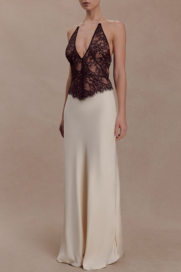 Timeless Silhouette Lace and Satin Halter Backless Drape Maxi Dresset