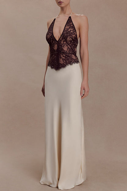 Timeless Silhouette Lace and Satin Halter Backless Drape Maxi Dresset