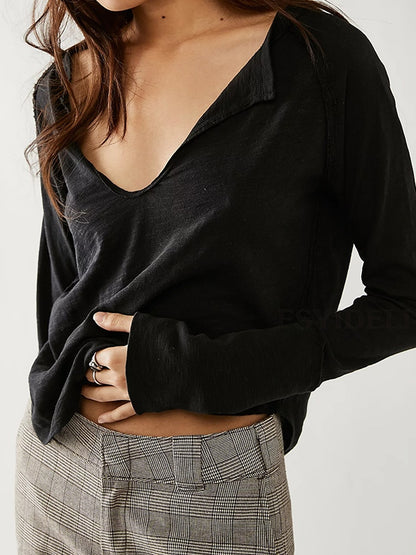 Solid Notch Neck Long Sleeve Tee
