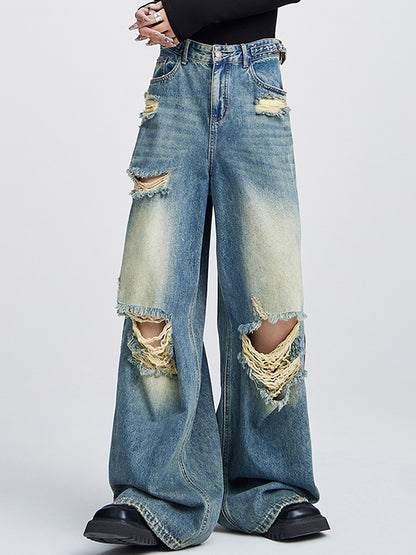 Loose high-waisted versatile straight leg Ripped Jeans