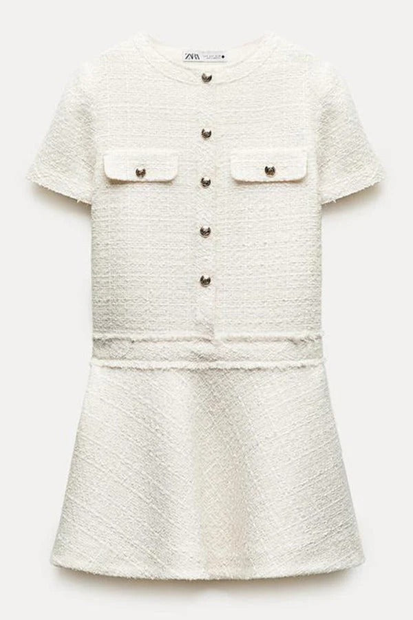 Metal Button Short Sleeve Round Neck Tweed Fit-and-Flare Mini Dress