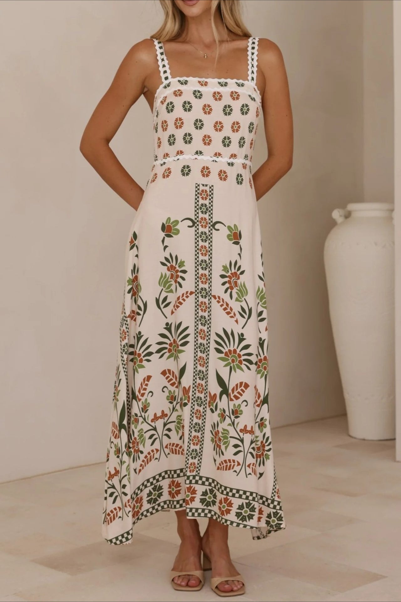 Scalloped Trim Square Neck Panel Print Border Hem Maxi Dress