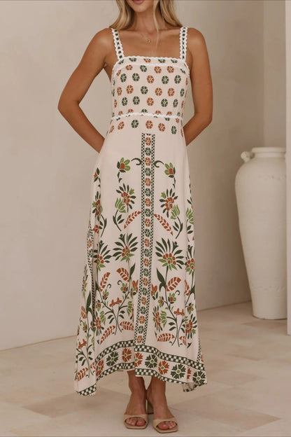 Scalloped Trim Square Neck Panel Print Border Hem Maxi Dress