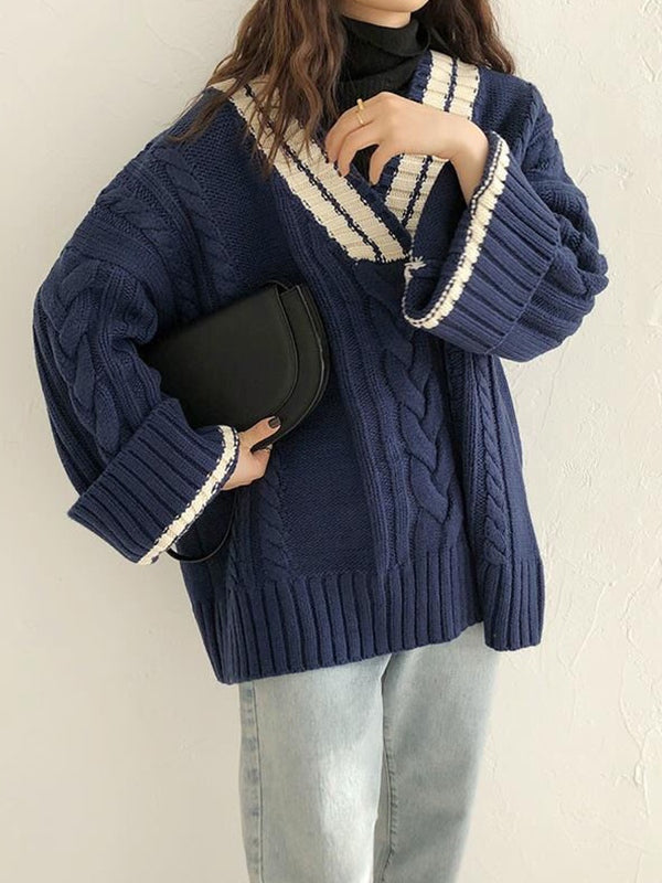Contrast Color V Neck Cable Knit Sweater
