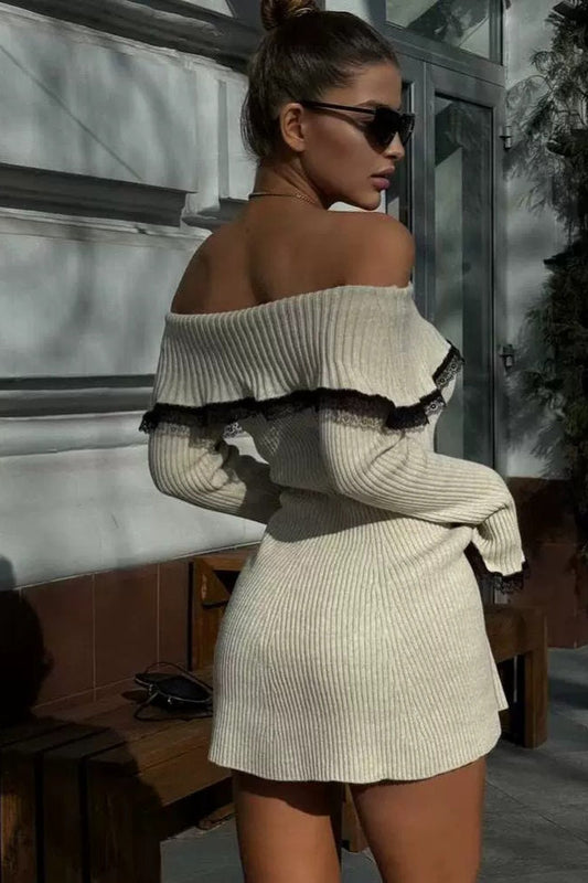 Lace-Trimmed Knit Off-Shoulder Mini Sweater Dress