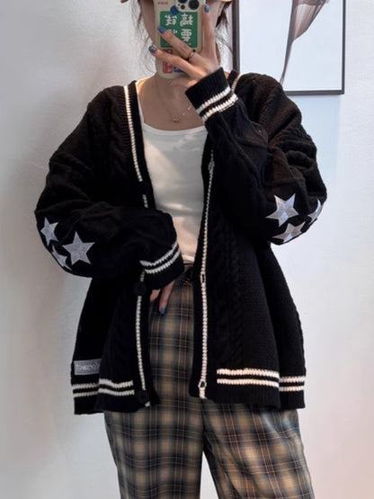 Oversize Star Embroidered Cable Knit Cardigan