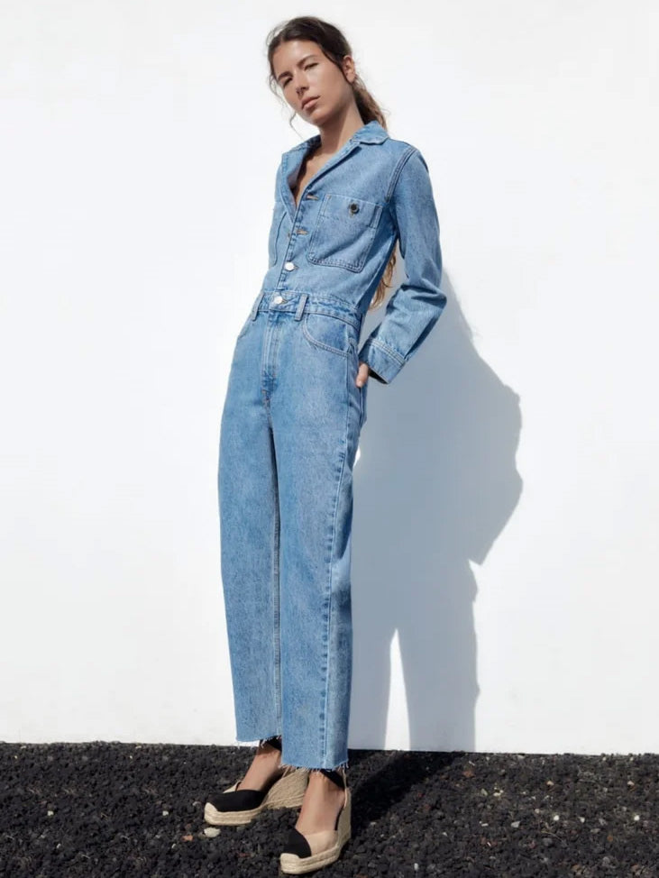 Denim Jumpsuit Pleated Neck Front Button Straight Solid Color Playsuit