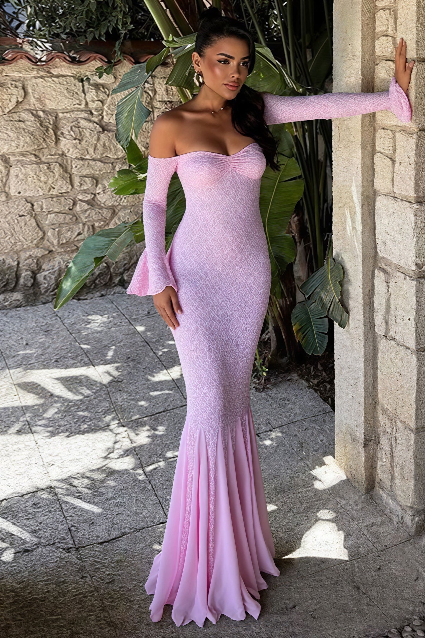 | Off Shoulder Lace Patchwork Fitted Maxi Dress