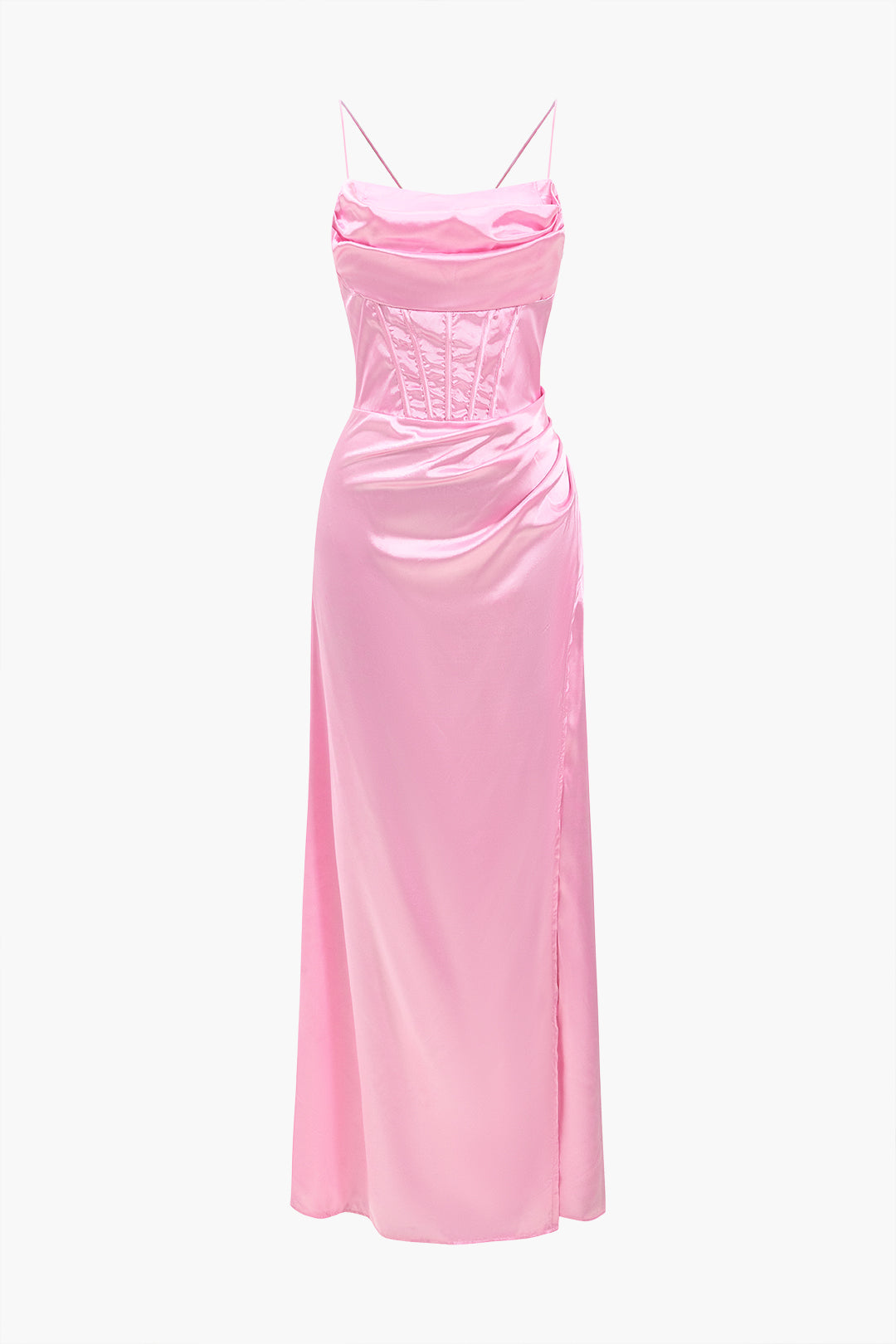 Cowl Neck Corset Bodice Spaghetti Strap Satin High Slit Maxi Dress