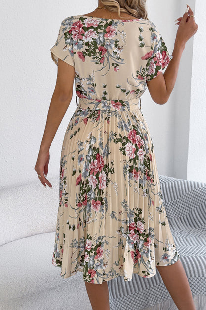 Floral Print Round Neck Fitted Waist Tie Pleated Midi Dress