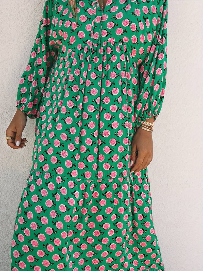 Harlequin Diamond Print Deep V Neck Puff Sleeve Tiered Maxi Dress