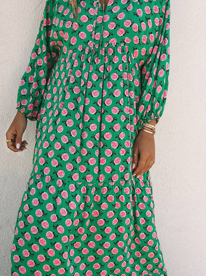 Harlequin Diamond Print Deep V Neck Puff Sleeve Tiered Maxi Dress