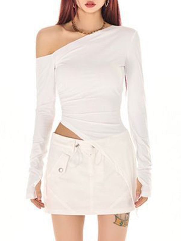 Slanted Shoulder Ruched Irregular Hem Long Sleeve Tee