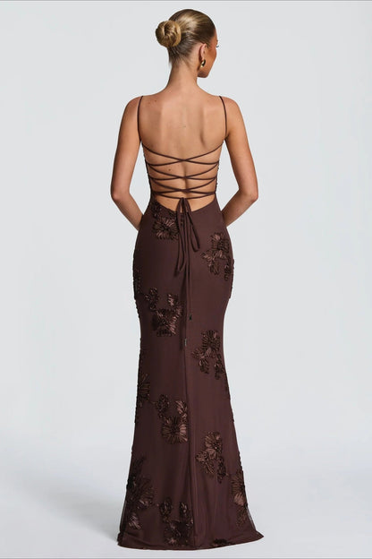 3D Applique Bone Pad Tie Back Solid Prom Dress
