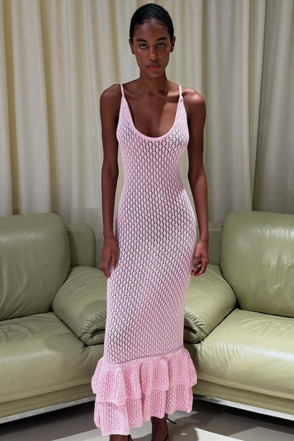 | Ruffle Knit Cutout Sheer Cami Maxi Dress