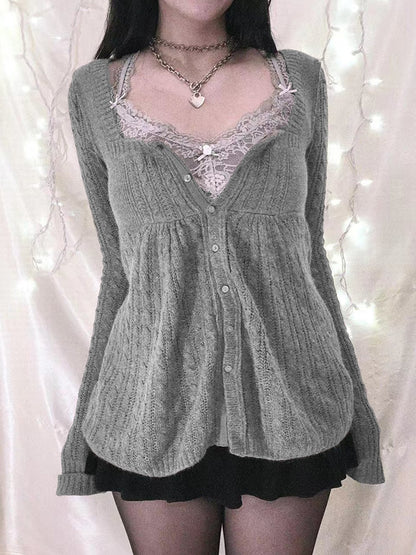 Solid Pointelle Square Neck Knit Cardigan