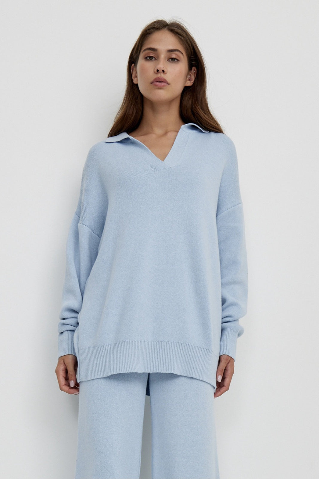 | Polo Collar Knit Pullover and Wide-Leg Pants Set