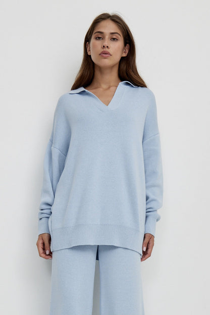 | Polo Collar Knit Pullover and Wide-Leg Pants Set