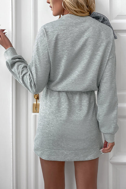 Solid Color Shiny Bow Casual Long Sleeve Sweatshirt Mini Dress