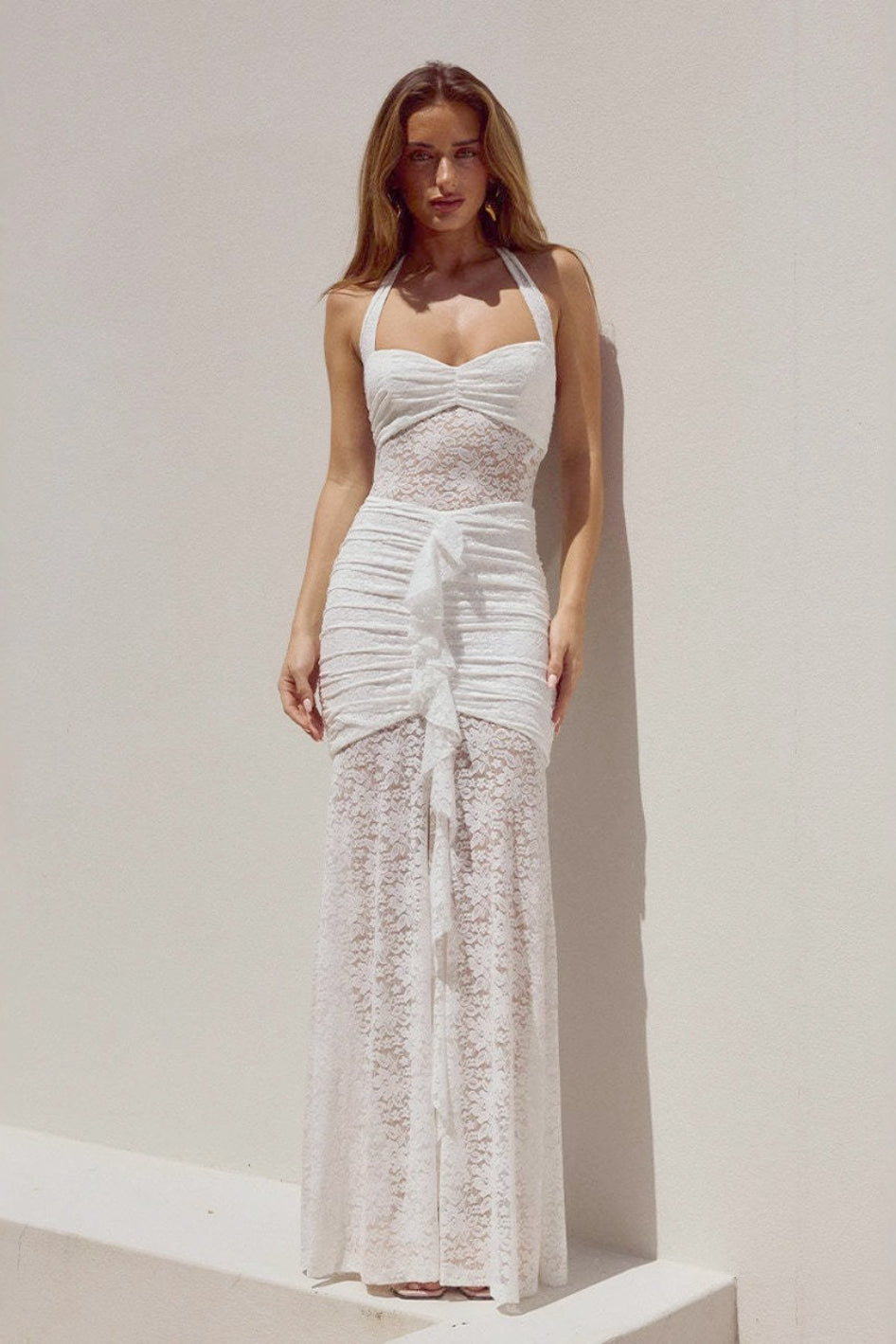 Halter Backless Sheer Lace Patchwork High Slit Fitted Maxi Dress