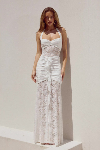 | Halter Backless Sheer Lace Maxi Dress