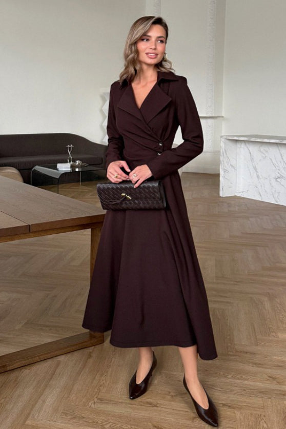 Notched Lapel Deep V Wrap Button Waist Ruched Blazer Midi Dress