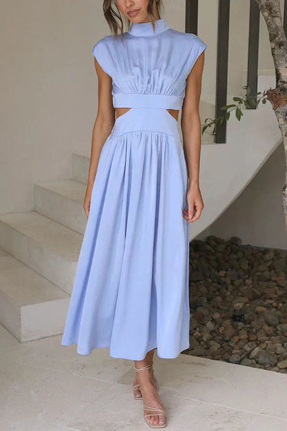 Mock Neck Sleeveless Side Waist Cutout Pleated A-Line Maxi Dress