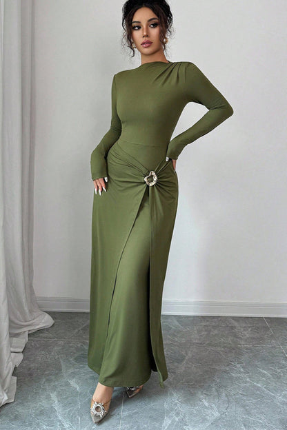 Boat Neck Hammered Metal Buckle Draped Front Slit Maxi Dress