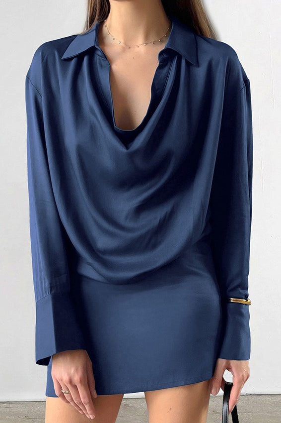Collared Cowl Neck Long Sleeve Wide Cuff Satin Mini Dress