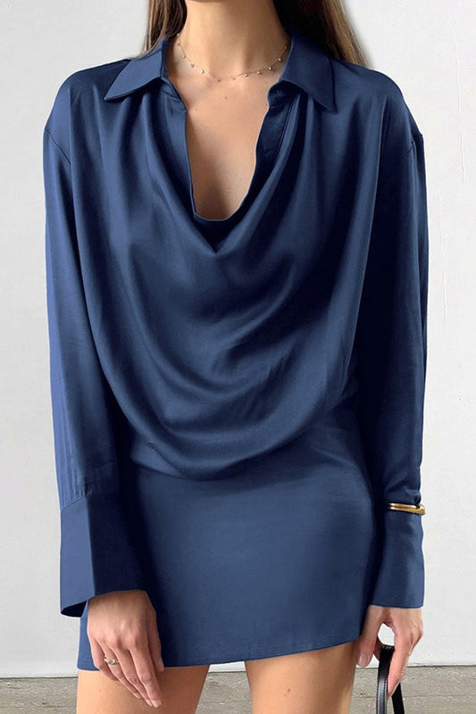 Collared Cowl Neck Long Sleeve Wide Cuff Satin Mini Dress