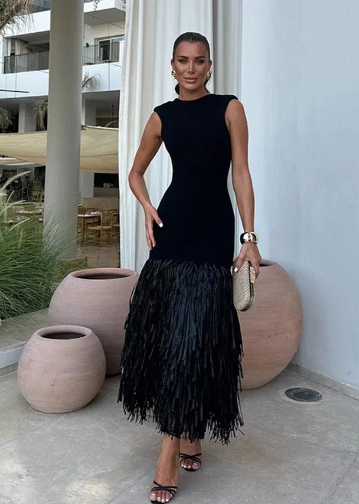 Crew Neck Structured Shoulder Tiered Fringe Hem Bodycon Midi Dress