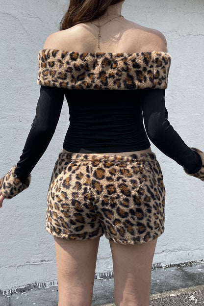 | Fleece Off-the-shoulder Two Piece Set in Leopard Print
