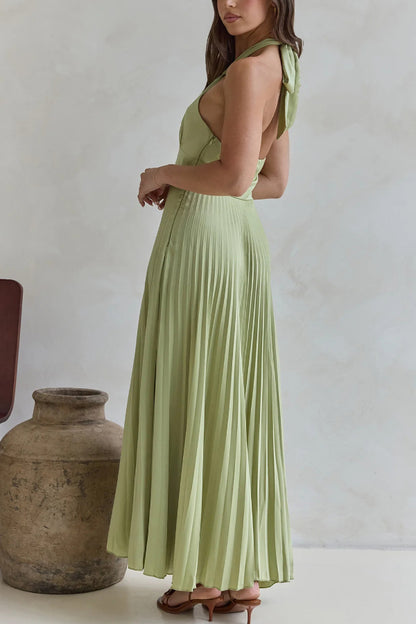 Solid Color Halter Neck Hollowed-out Casual Pleated Holiday Maxi Dress