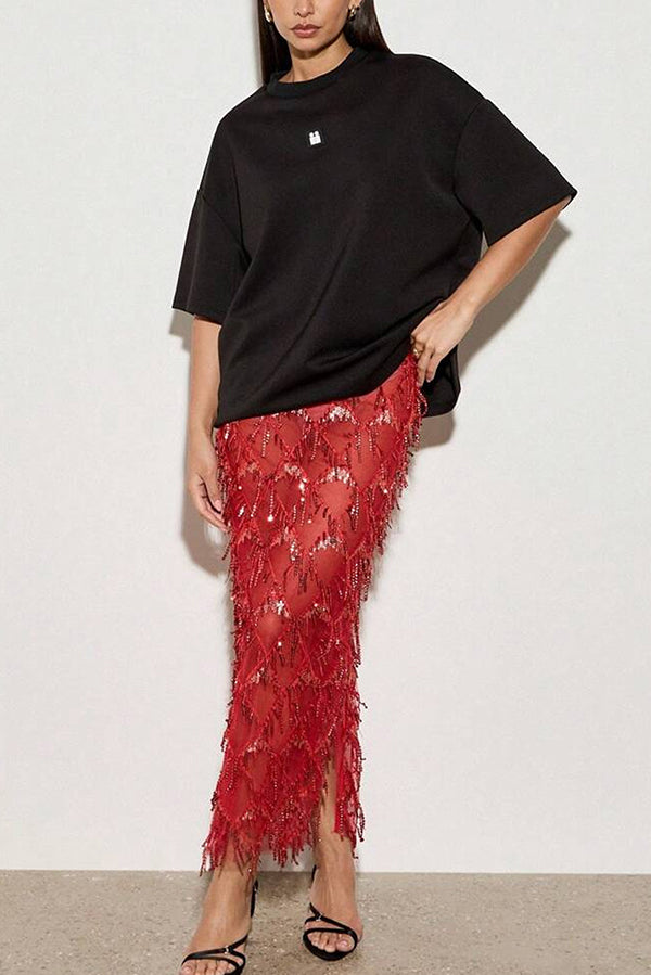 Sexy See-through Sequined Tassel Midi Skirt