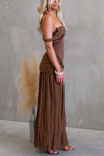 Zariyah Satin Bodice Asymmetric Neck Tie-up Waist Chiffon Hem Maxi Dress