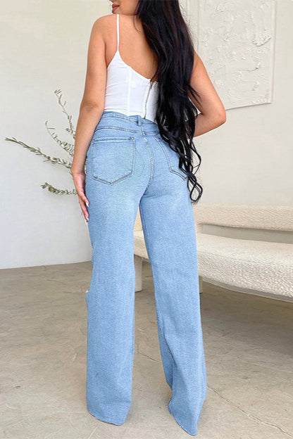High-Waisted Ripped Wide-Leg Frayed Denim Jeans