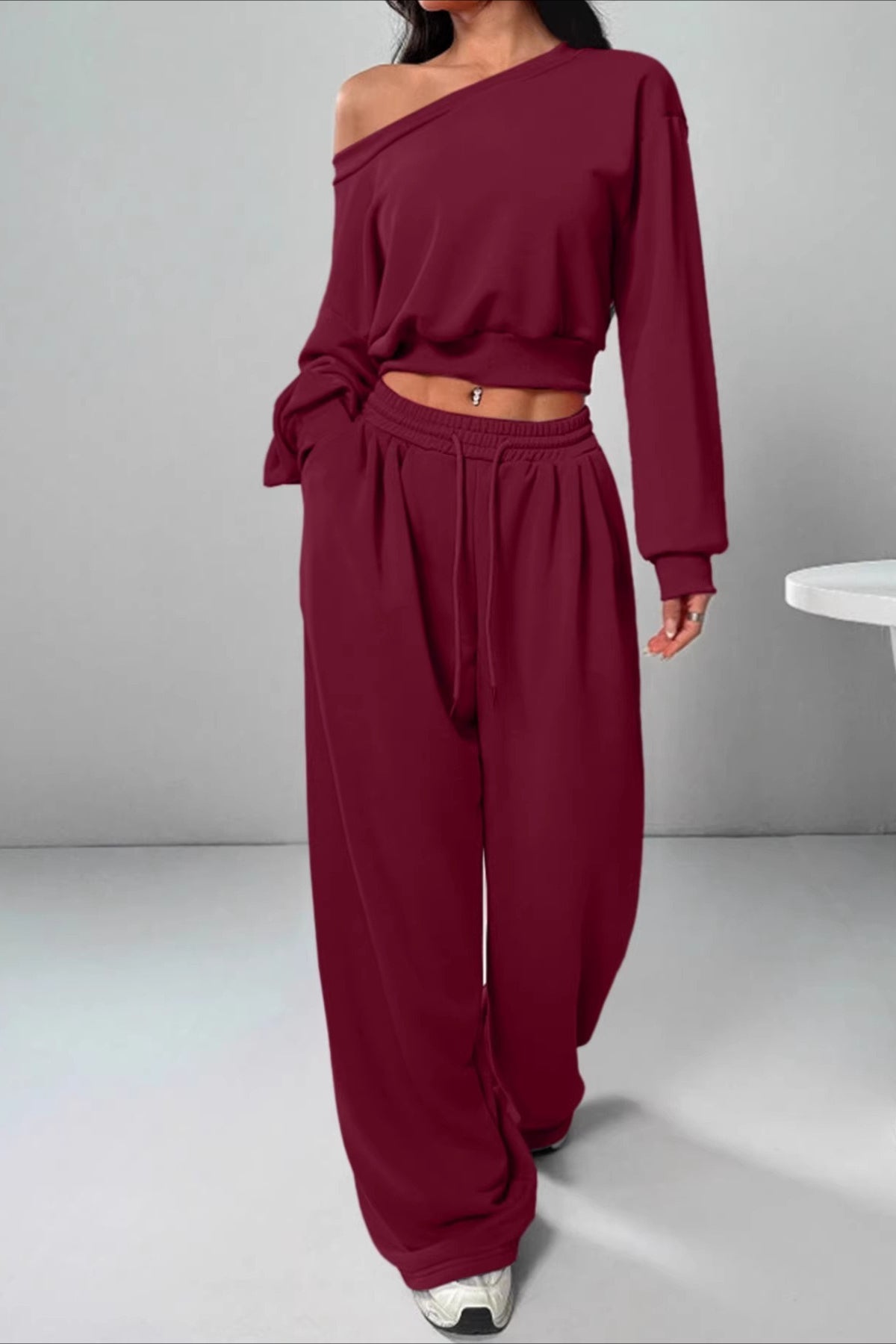 Casual Ribbed Off Shoulder Crop Sweatshirt Pants Set