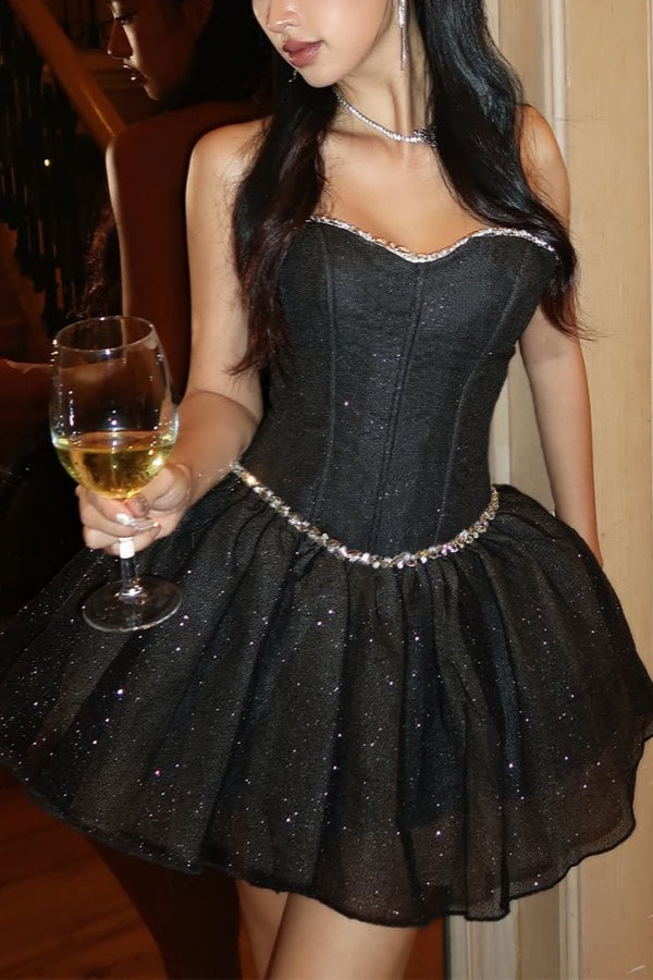 Strapless Sweetheart Rhinestone Trim Cupcake Skirt Mini Dress