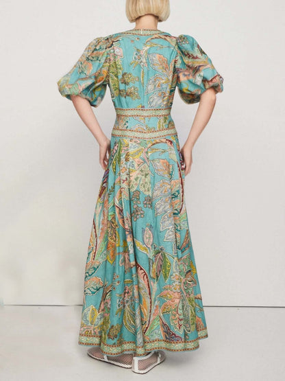Unique Satin Vintage Floral Print Puff Sleeve Midi Dress