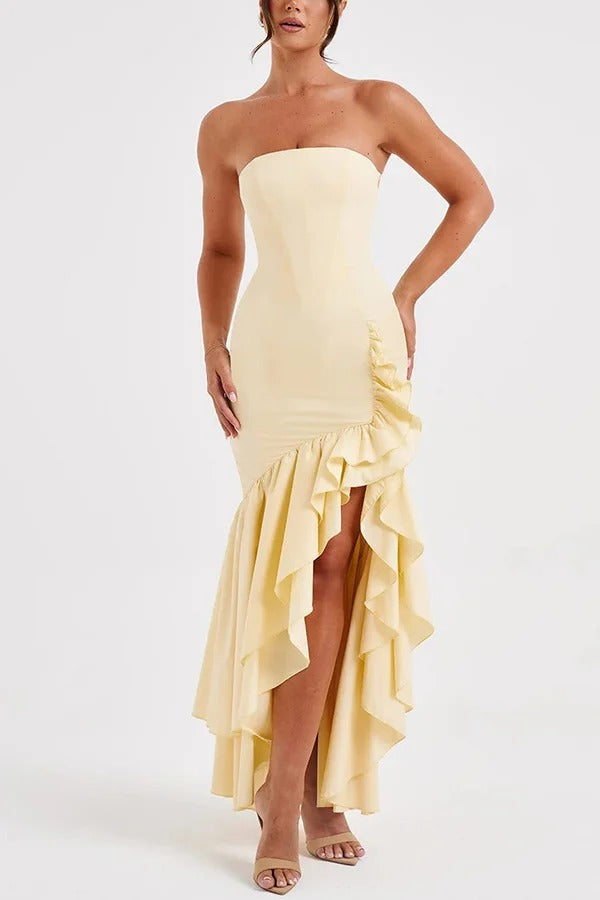 Strapless Ruched Hip Cascade Tiered Ruffle High-Low Maxi Gown