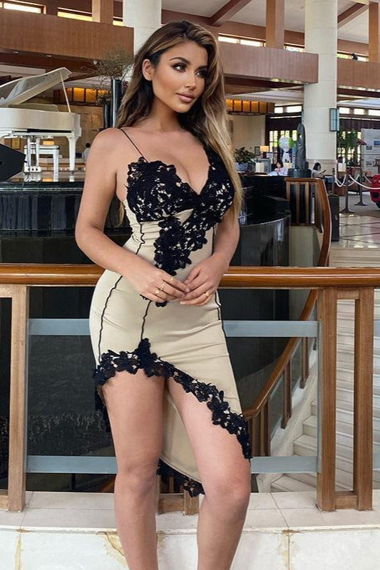 Deep V Neck Asymmetric Lace Strap Lace Applique Side Slit Bodycon Midi Dress