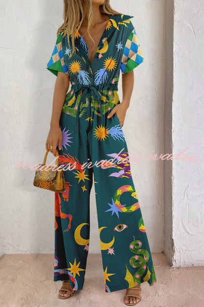 To New Hellos Linen Blend Unique Print Adjustable Waist Pocketed Wide Leg Shirt Jumpsuit