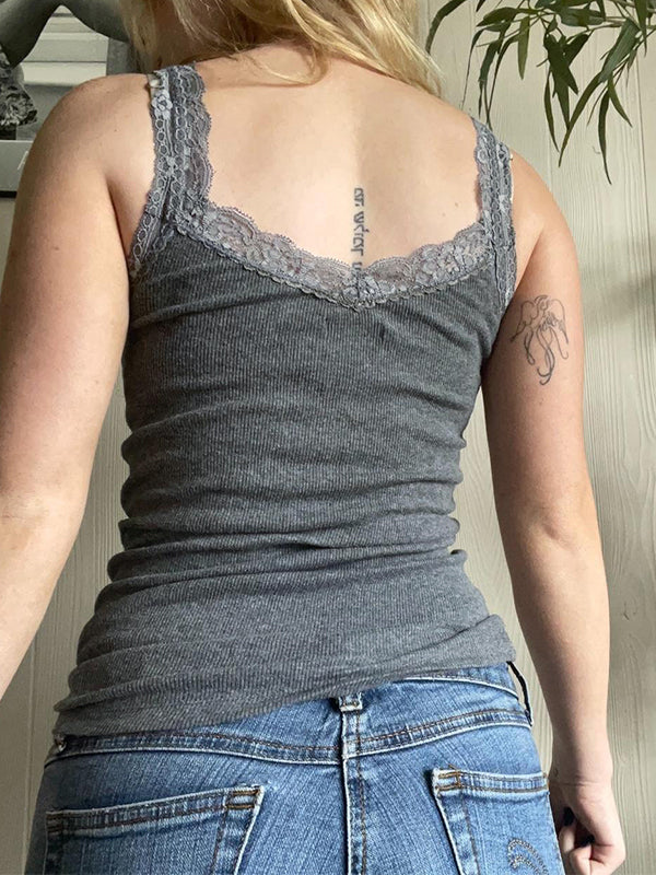 Skull Print Lace Trim Tank Top