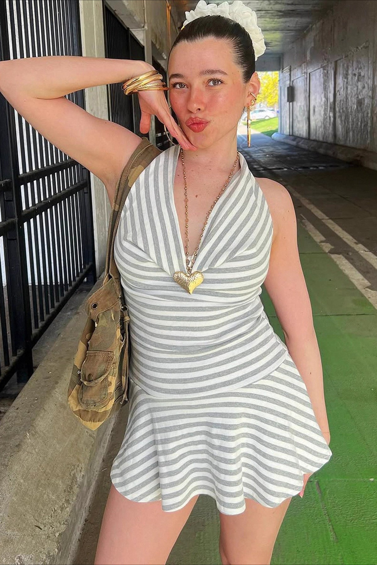 Striped Halter Cowl Neck Ruffle Hem Bodycon Mini Dress