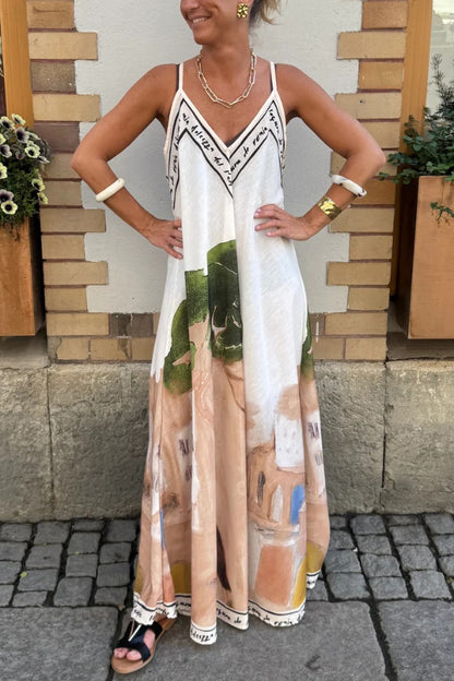 Unique Print Loose-fitting V-neck Casual Holiday Maxi Dress