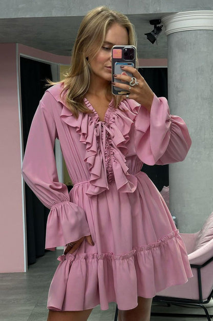 Ruffled Deep V-Neck Bell Sleeve Drawstring Waist Tiered Mini Dress