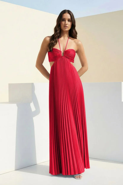 Sky Blue Halter Pleated Satin A Line Prom Dresses With Cutout